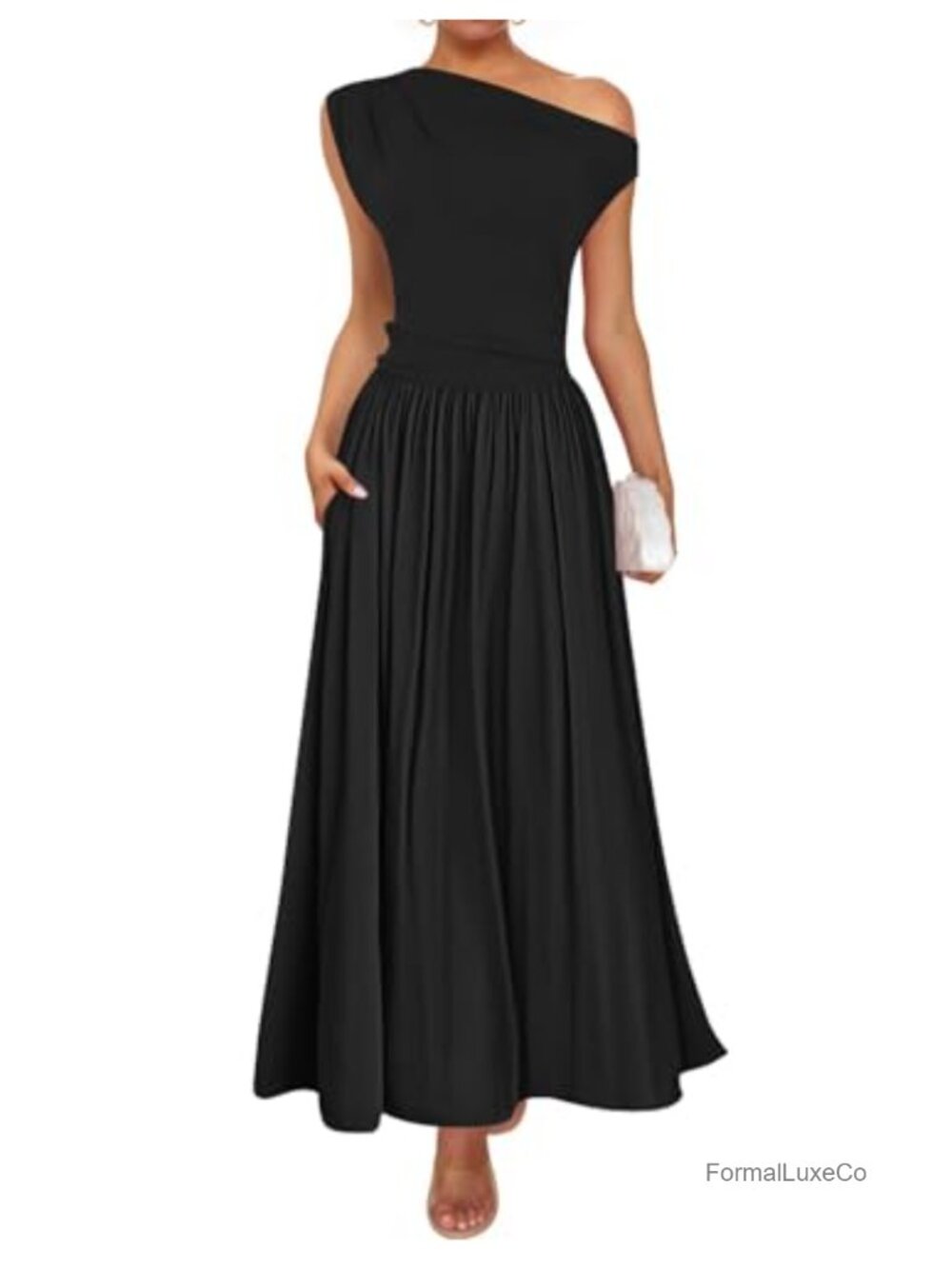 Sleeveless One Shoulder Maxi Dress with Pockets A-Line Pleated Flowy